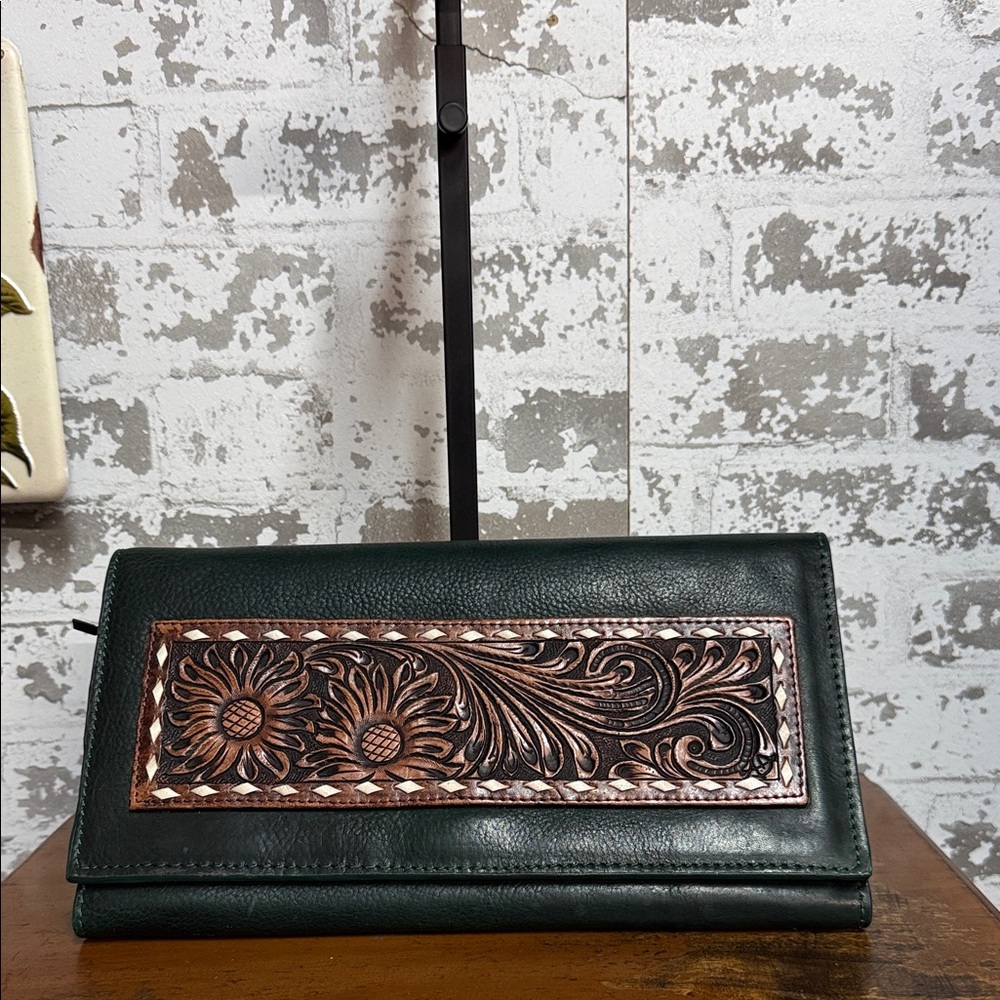 American Darling Dark Green Leather Clutch with Tooled Brown Floral Panel